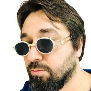 Rhinestone Sunglasses Oval Frame Gold Metal Designer Fashion Men Hip Hop Diamond